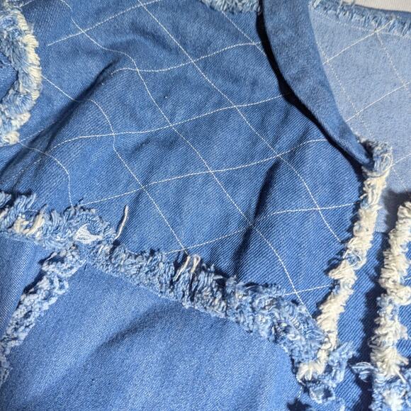 Vtg Y2K Light Wash Open Front Frayed Edge Quilted Detail Denim Jacket Sz L - Picture 3 of 3